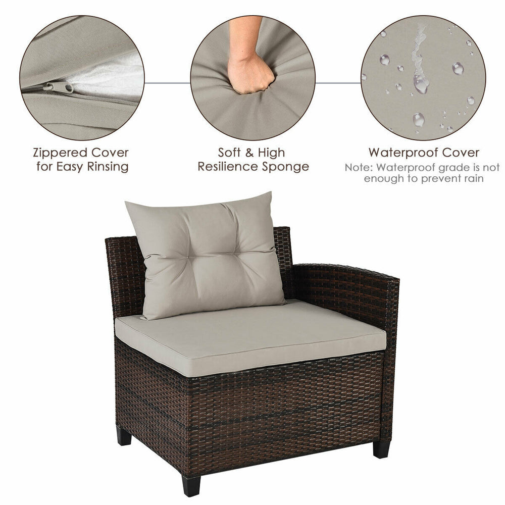 Single outdoor wicker sofa chair with soft cushion, zippered cover, and waterproof features for patio comfort.