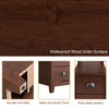 Compact brown end table with two drawers and shelf, featuring a waterproof wood grain surface and retro metal handles.