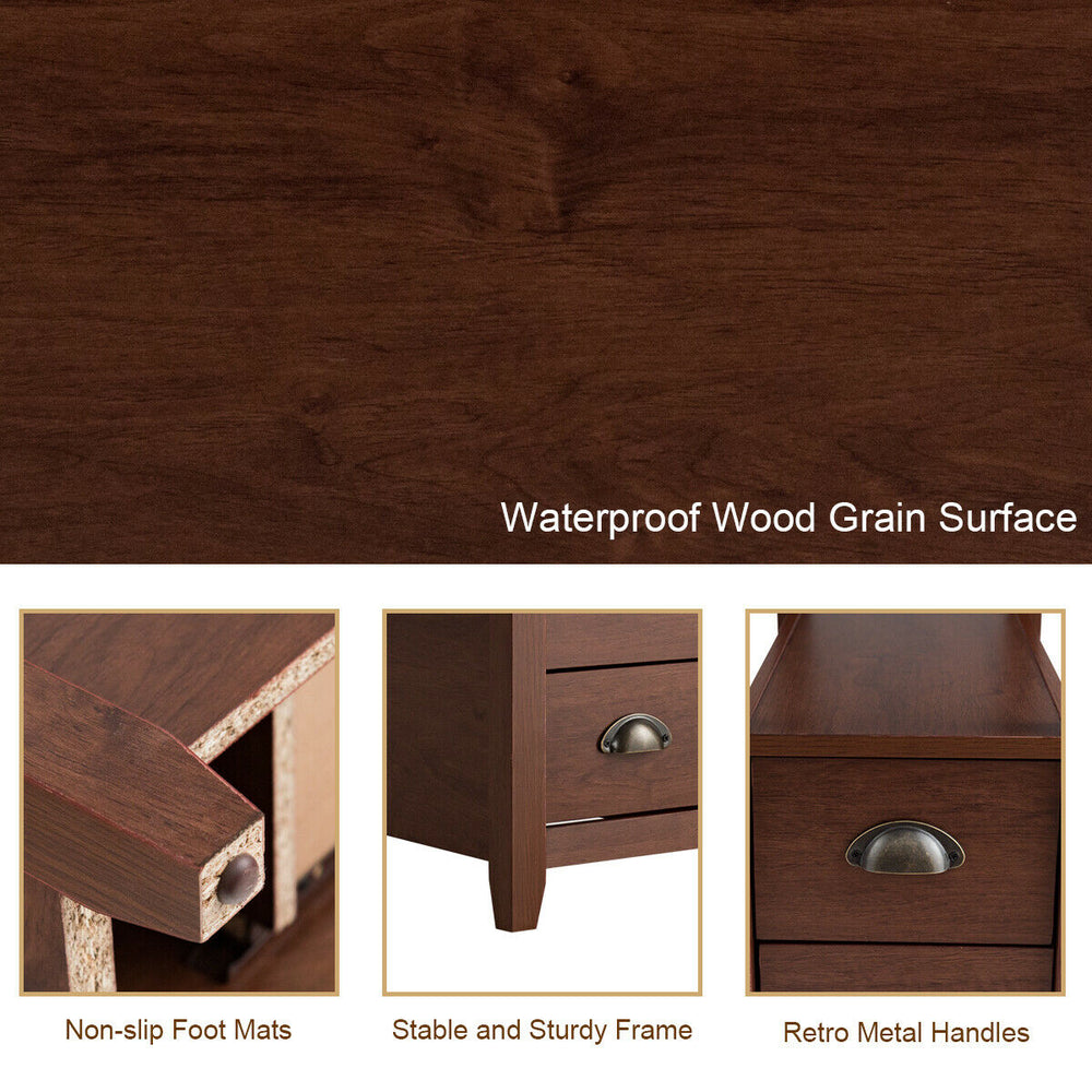 Compact brown end table with two drawers and shelf, featuring a waterproof wood grain surface and retro metal handles.