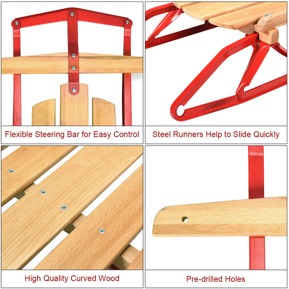 Kids wooden snow sled with red metal runners, flexible steering bar, and high-quality curved wood for smooth sliding.