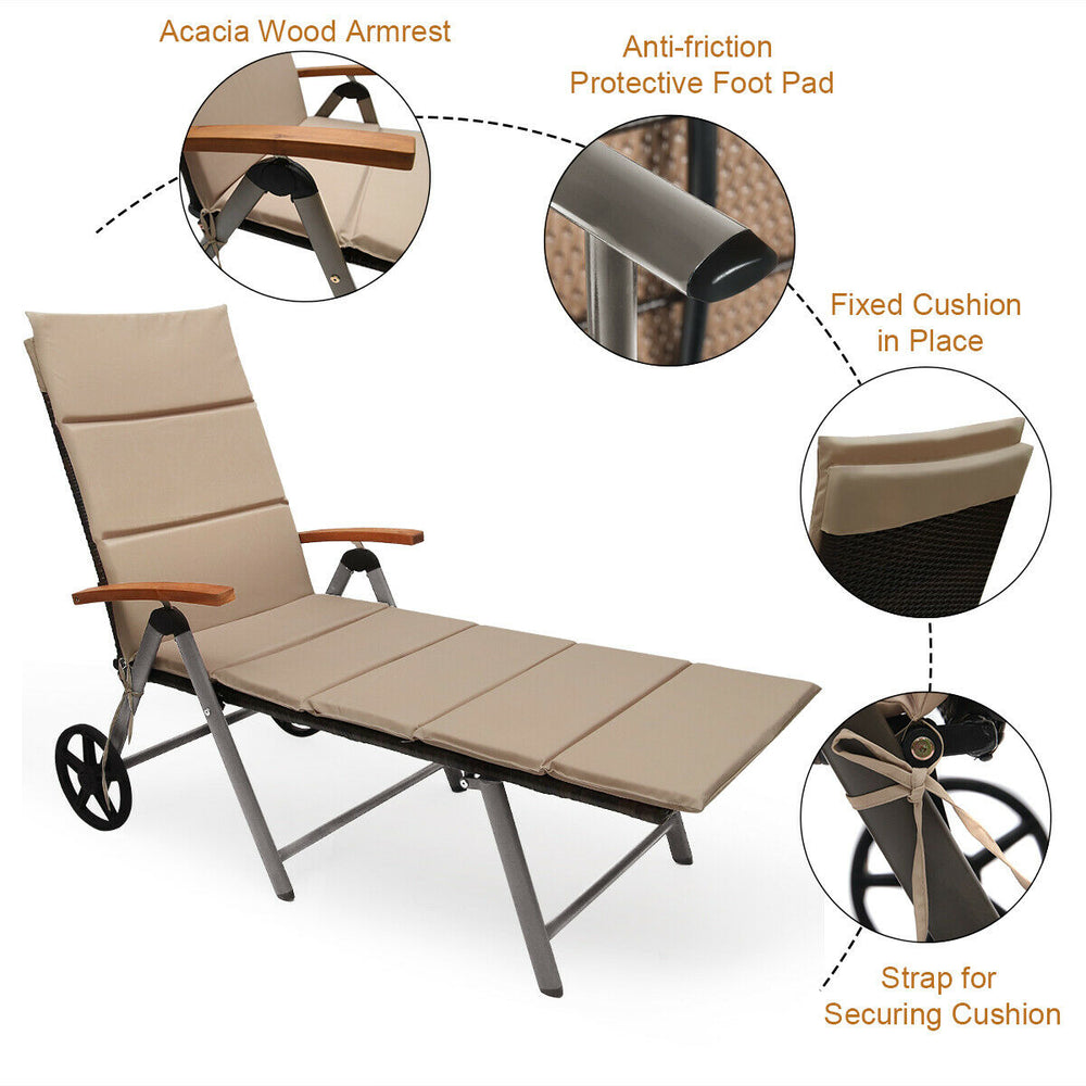Outdoor chaise lounge chair with adjustable backrest, PE rattan, and aluminum frame, perfect for beach or poolside.