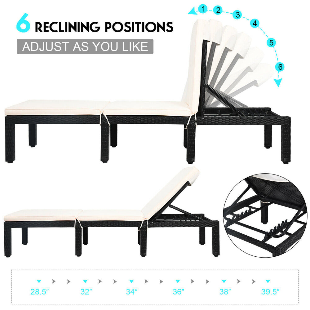 Patio rattan lounge chair with adjustable backrest, cushioned seat, and durable PE rattan for outdoor relaxation.