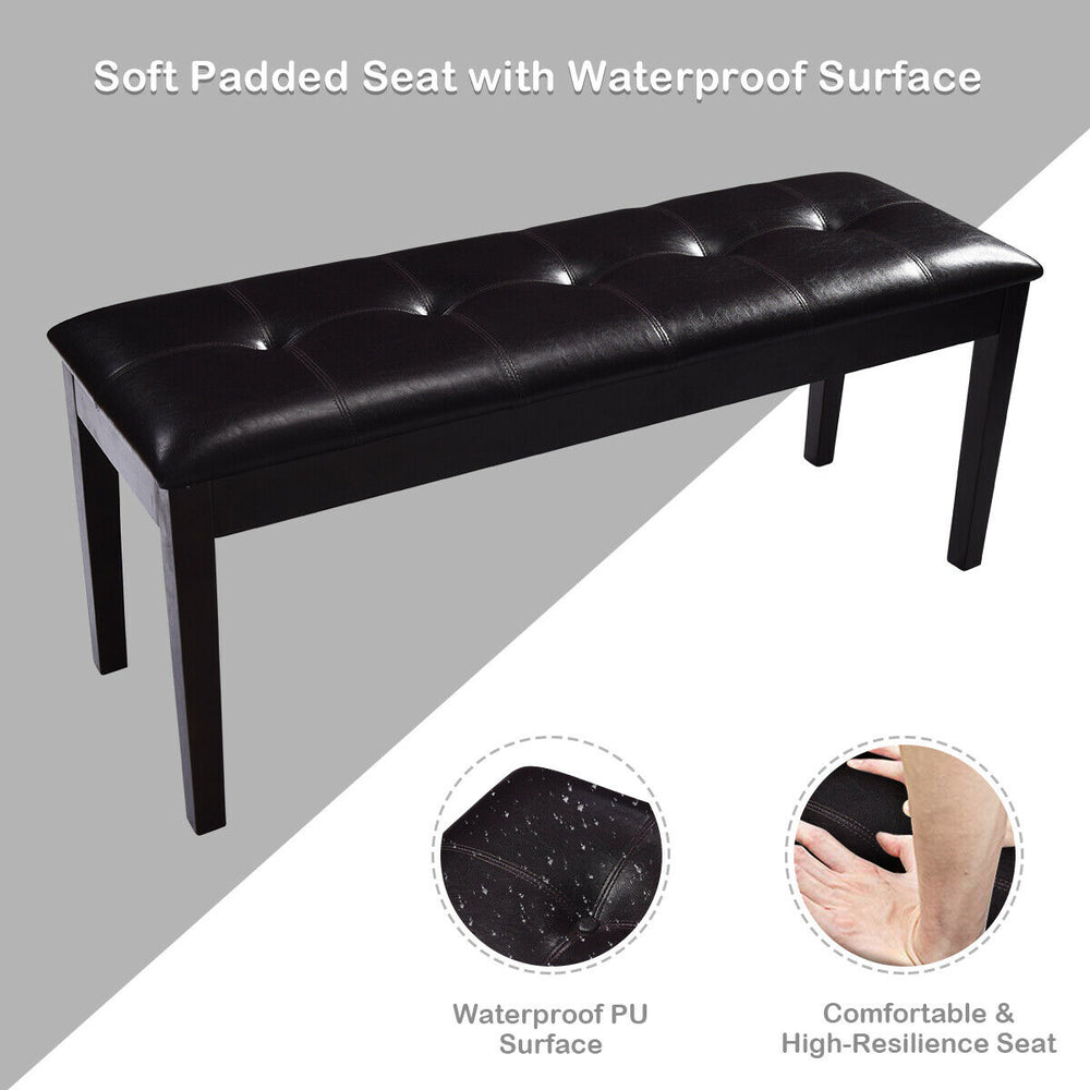 Upholstered brown dining room bench with solid wood legs, cushioned seat, and waterproof PU surface for versatile use.