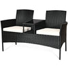 Wicker patio conversation set featuring a durable steel frame, removable cushions, and a tempered glass table, ideal.