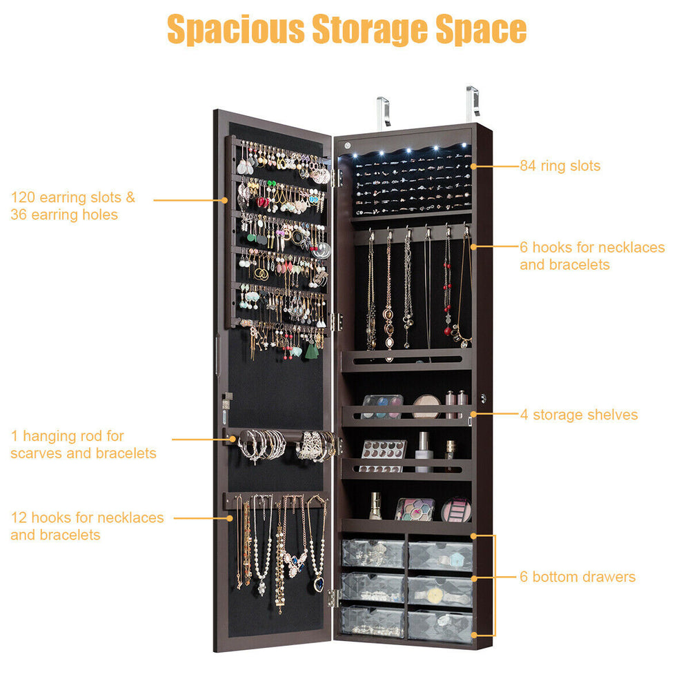 Jewelry armoire with full-length mirror, 5 LED lights, and multiple storage compartments for organized accessory.