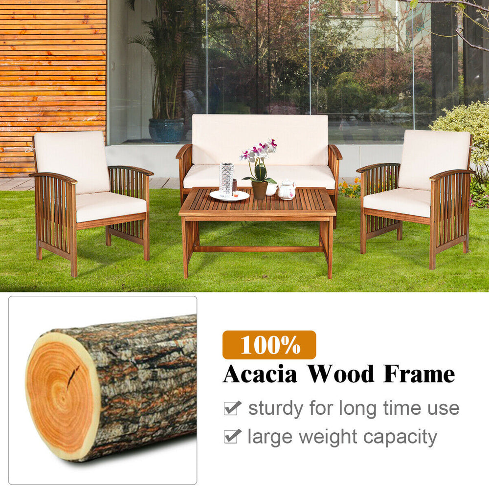 Patio furniture set featuring acacia wood frame and beige cushions, ideal for garden or balcony relaxation.