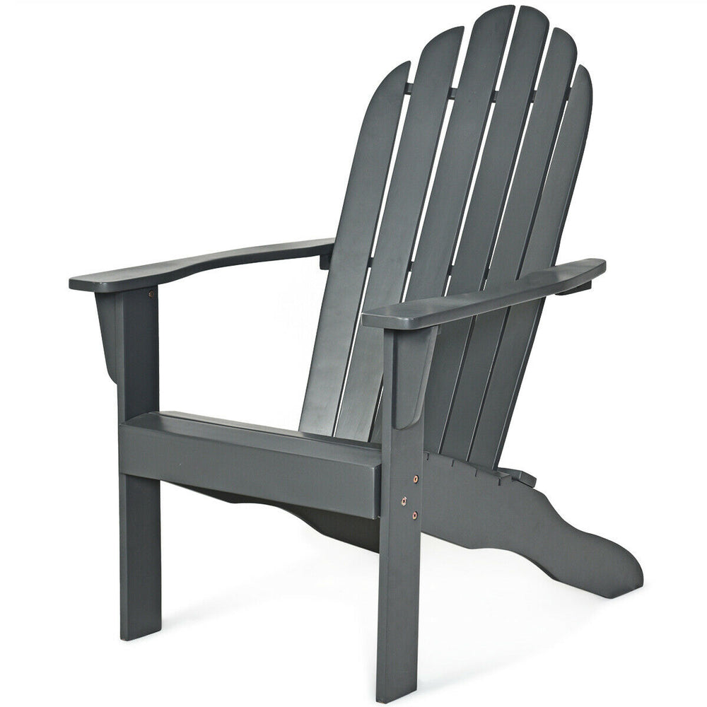 Gray acacia wood Adirondack chair with ergonomic design and wide armrests, perfect for outdoor relaxation on patio or.