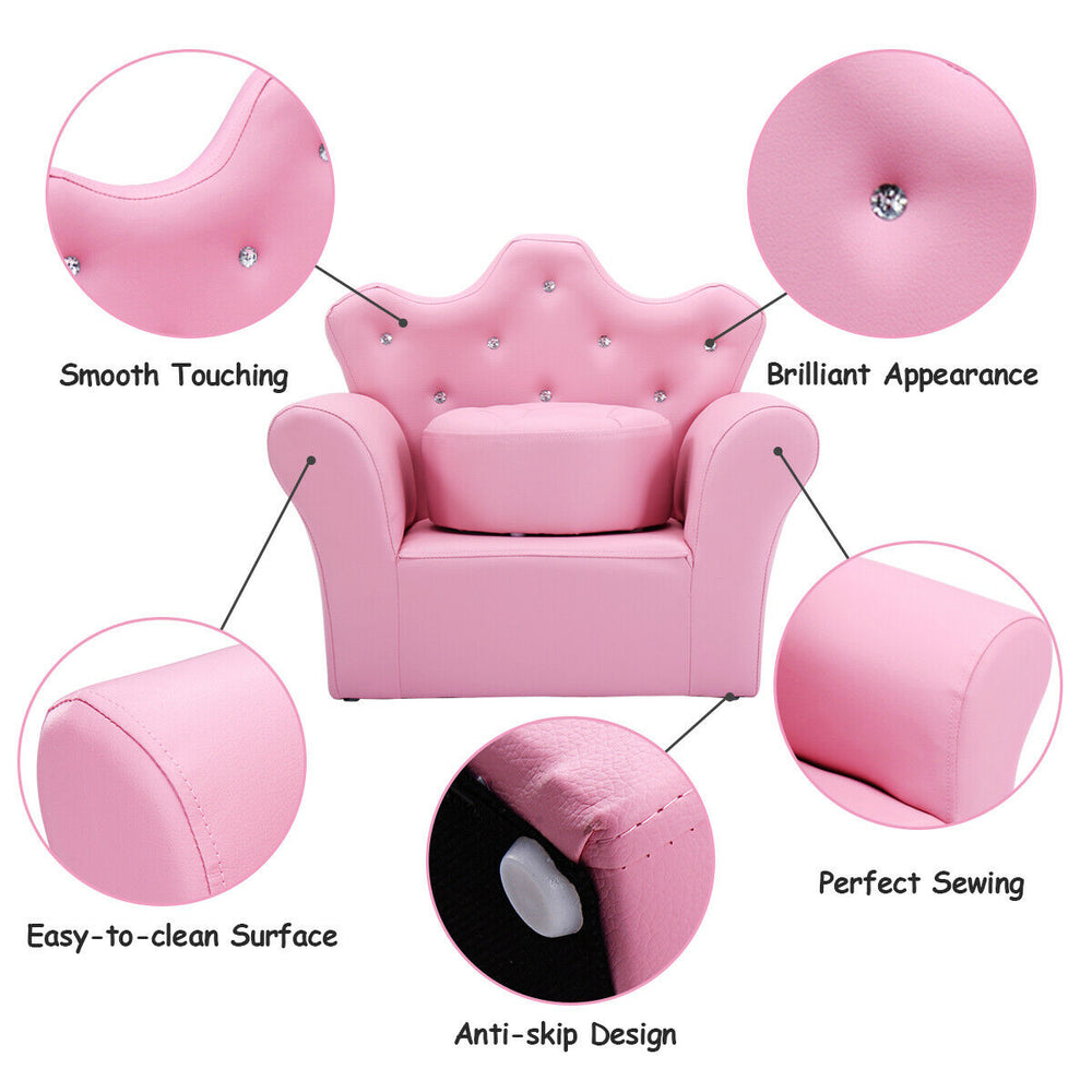 Pink kids sofa with armrests and ottoman, featuring easy-to-clean surface and anti-skip design, perfect for playrooms.