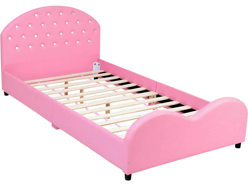 Twin Size Upholstered Platform Toddler Bed with Wood Slat Support
