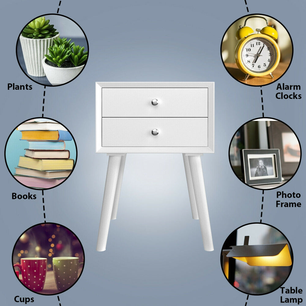White wooden nightstand with two smooth sliding drawers, ideal for showcasing decor and providing stylish storage.
