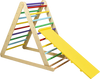 Foldable wooden climbing triangle with colorful rungs and slide, designed for indoor play and improving kids' sports.