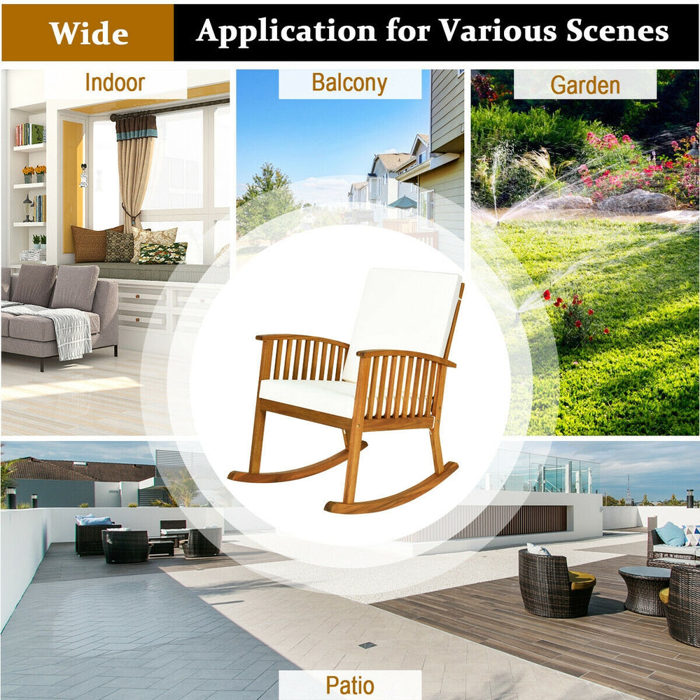 Acacia wood rocking chair with detachable washable cushions, ideal for patio, garden, or balcony relaxation.