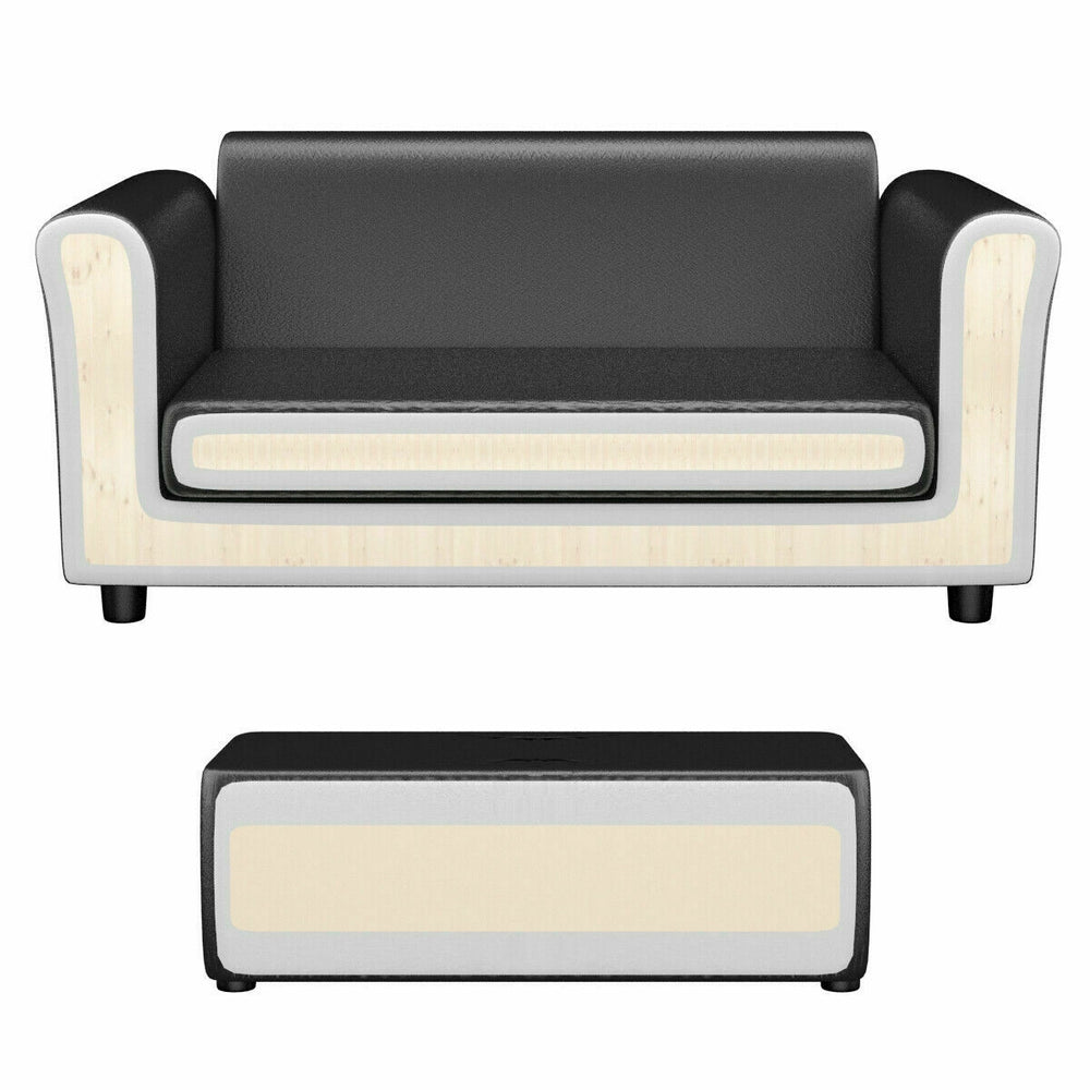 Black and white kids double sofa with matching ottoman, perfect for playrooms and reading, lightweight and comfortable.