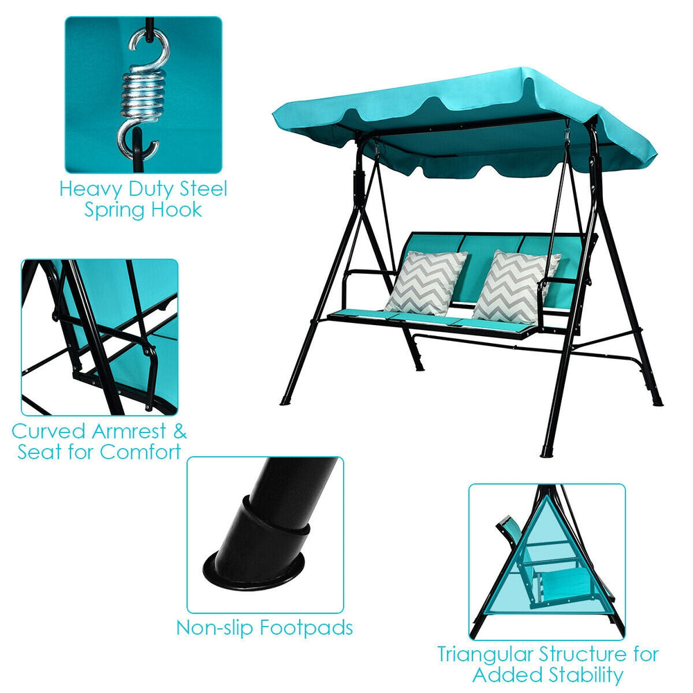 Three-person outdoor patio swing bench with blue canopy, durable steel frame, and comfortable textile seats for.