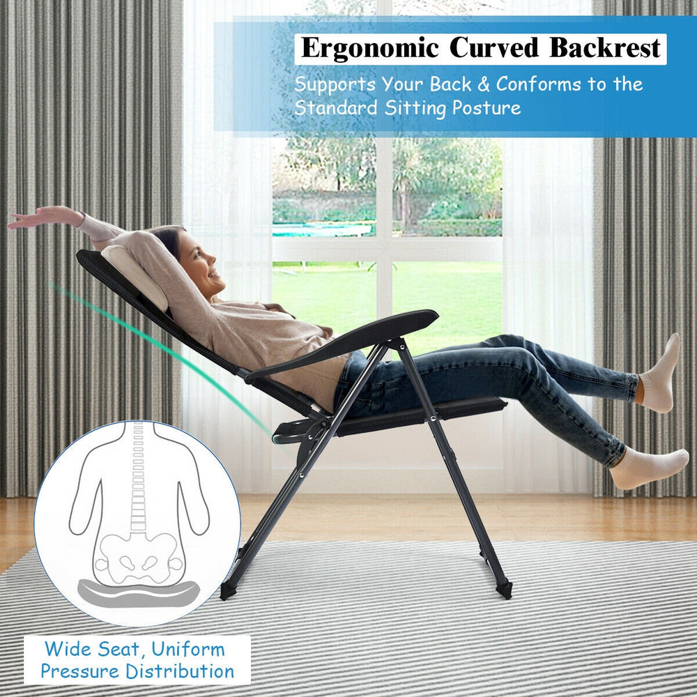 Adjustable backrest folding patio chair in black with steel frame and oxford fabric, ideal for outdoor relaxation.