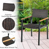Rattan dining chair with acacia wood armrests, featuring ergonomic backrest for outdoor comfort and stability.