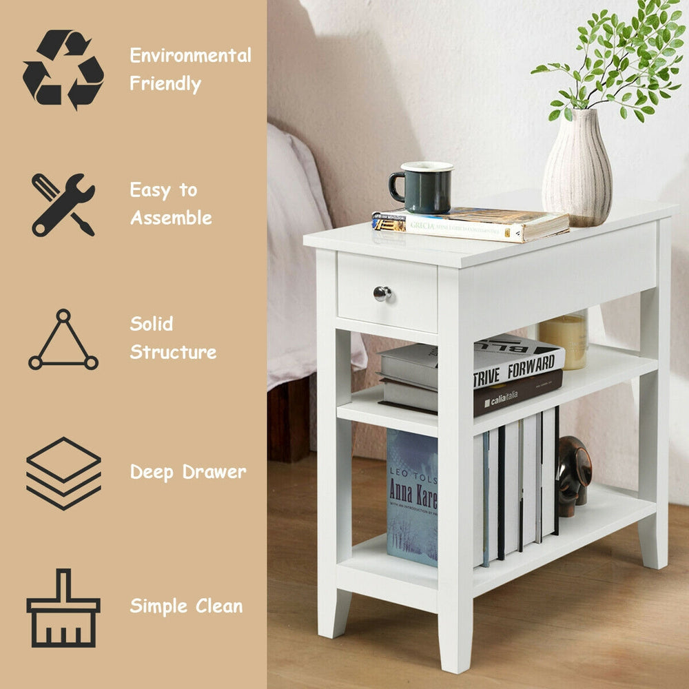 3-tier white nightstand with a deep drawer and double shelves, perfect for bedside or living room storage.