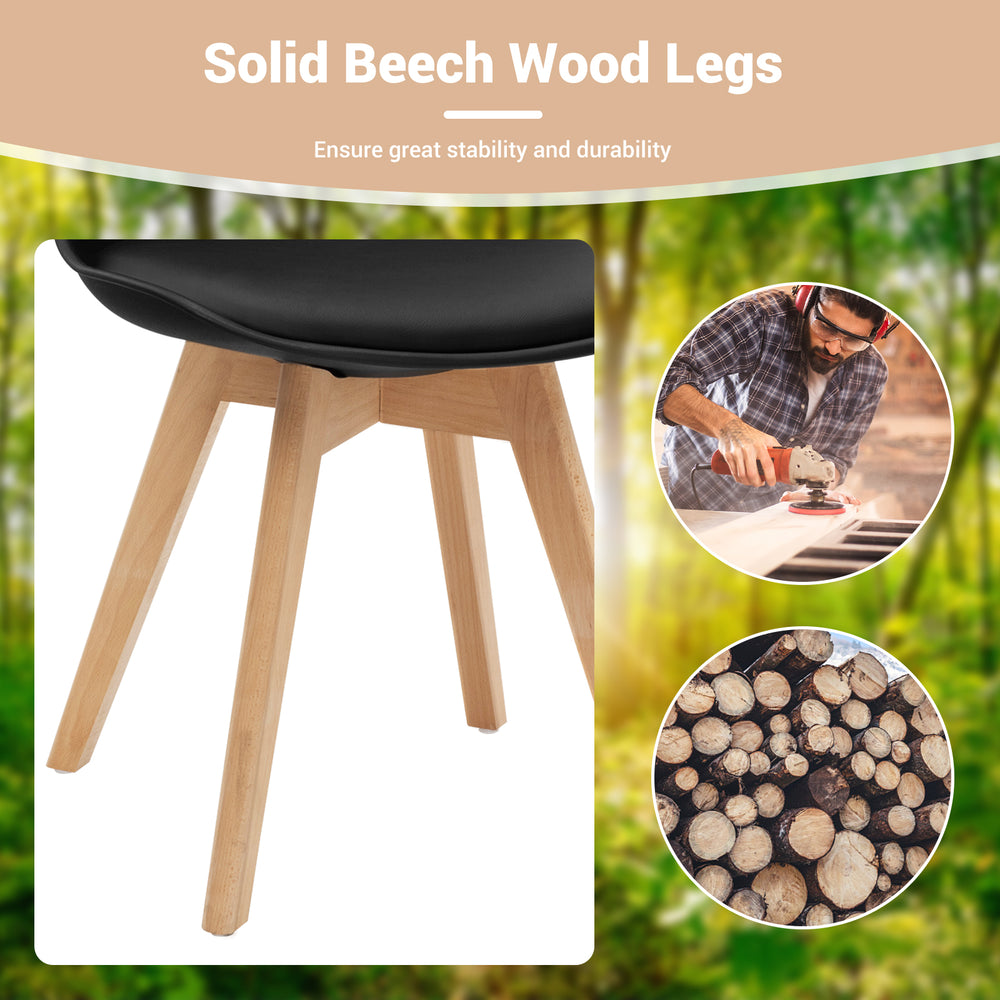 Close-up of solid beech wood legs of a mid-century modern dining chair, ensuring stability and durability for.
