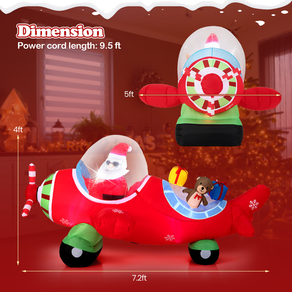 Christmas inflatable airplane featuring Santa Claus and gift boxes, made of weather-resistant fabric, 7.2 feet long.