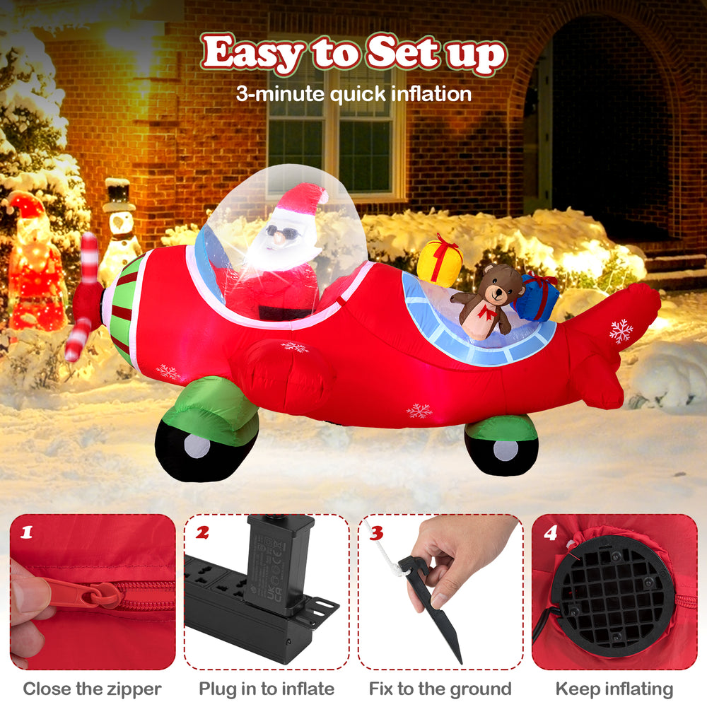 7.2 feet Christmas inflatable airplane featuring Santa Claus and a bear, made of weather-resistant fabric with LED.