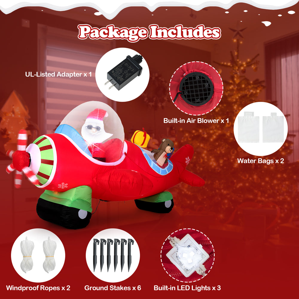 7.2 feet Christmas inflatable airplane featuring Santa, a bear, and gift boxes, with built-in LED lights for outdoor.