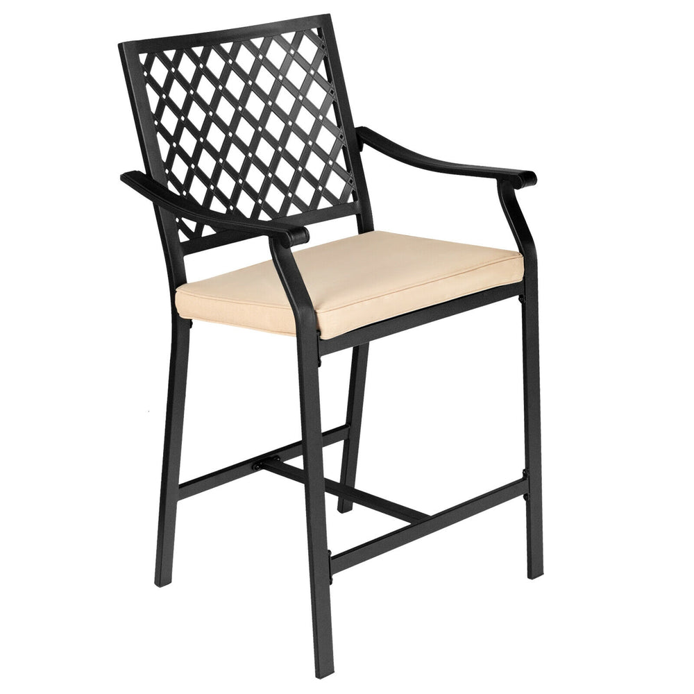 Patio bar stool with armrests and height cushion, featuring a durable steel frame, ideal for poolside or backyard use.
