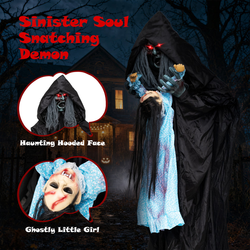 7.2 ft animated Halloween Soul Sucker decoration features a haunting hooded face and red flashing eyes for spine-chilling effects.