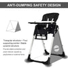 Foldable high chair in black with adjustable backrest, featuring anti-dumping safety design and detachable double tray.