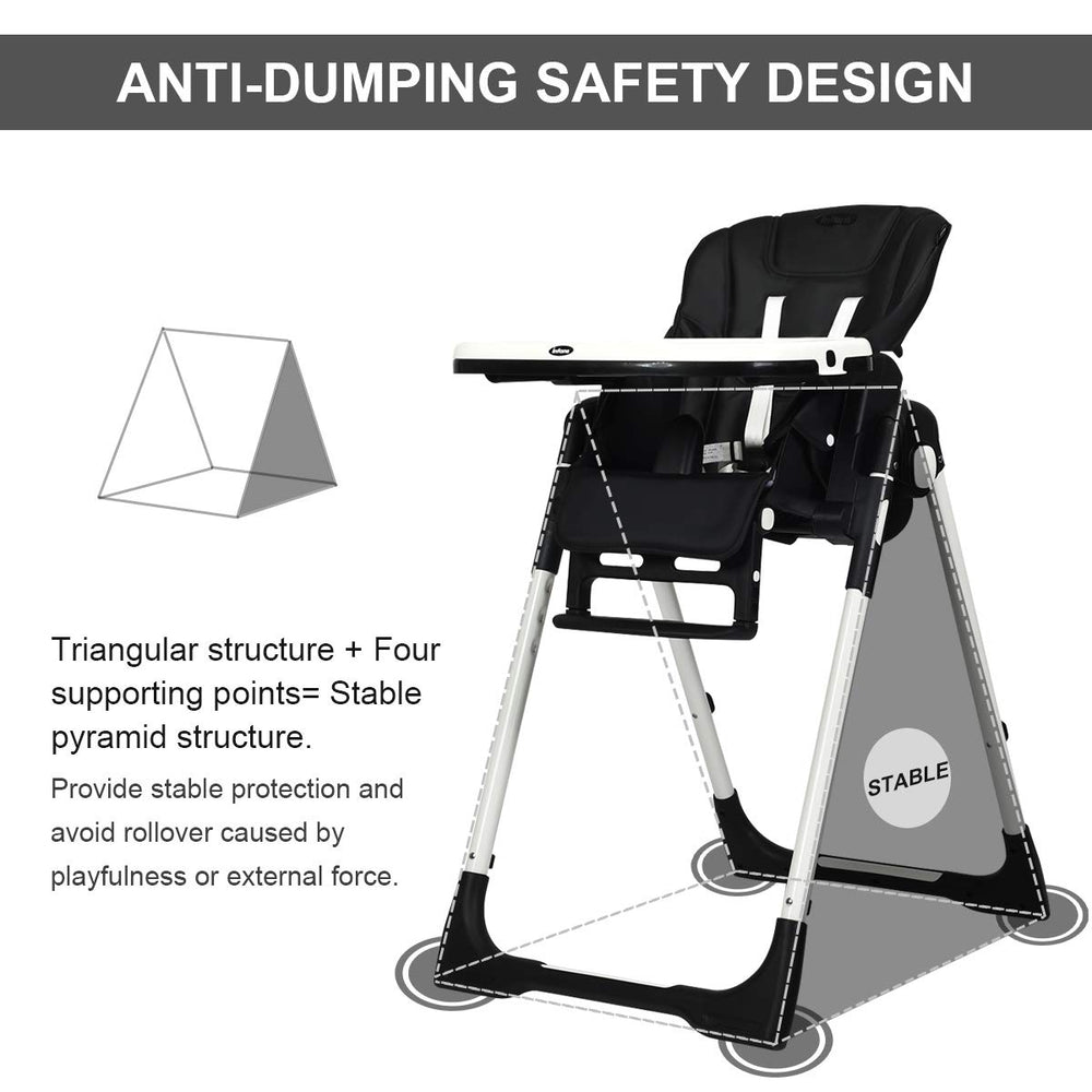 Foldable high chair in black with adjustable backrest, featuring anti-dumping safety design and detachable double tray.