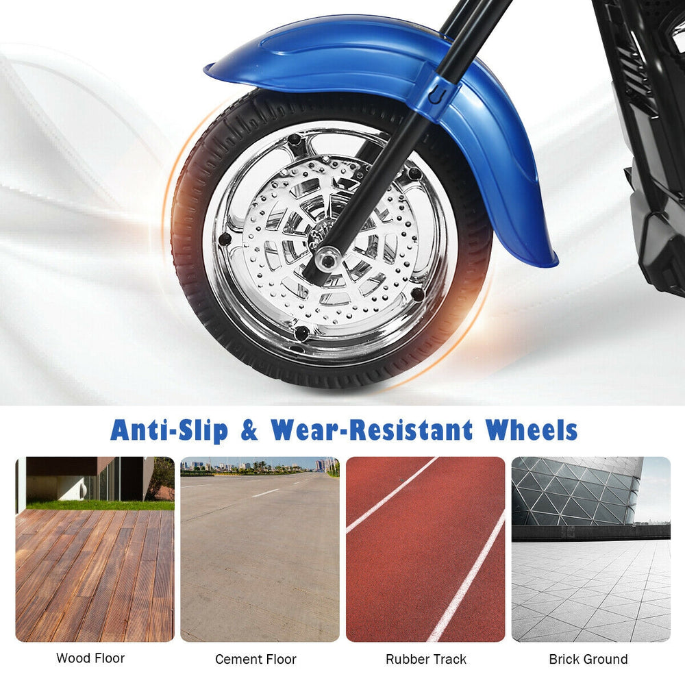 Close-up of the 6V 3 Wheel Kids Motorcycle's anti-slip wheel, designed for stability on various surfaces like wood and.