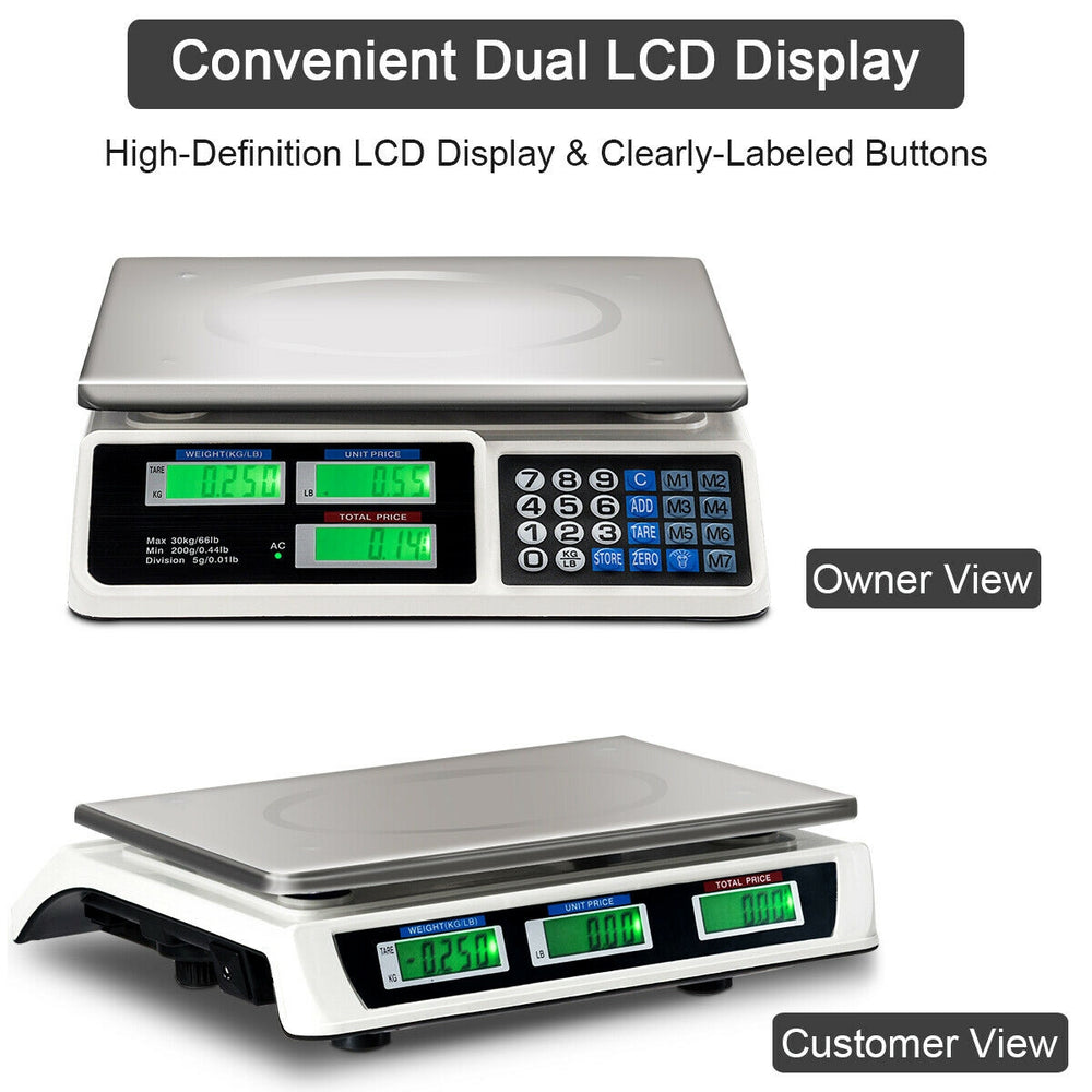 Electronic price computing scale with dual LCD displays, ABS material, and waterproof steel top for markets and.