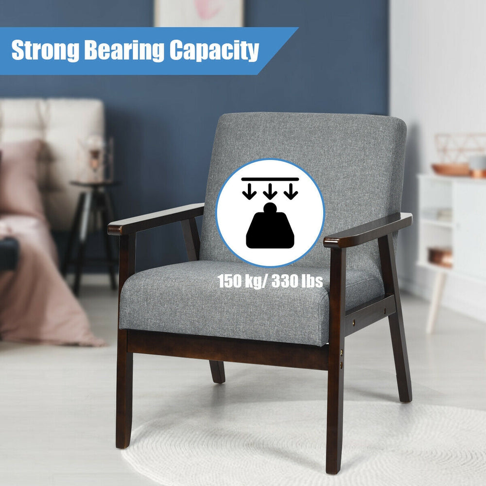 Gray fabric accent armchair with solid rubber wood frame, ergonomic armrest, and 330 lbs weight capacity for versatile.