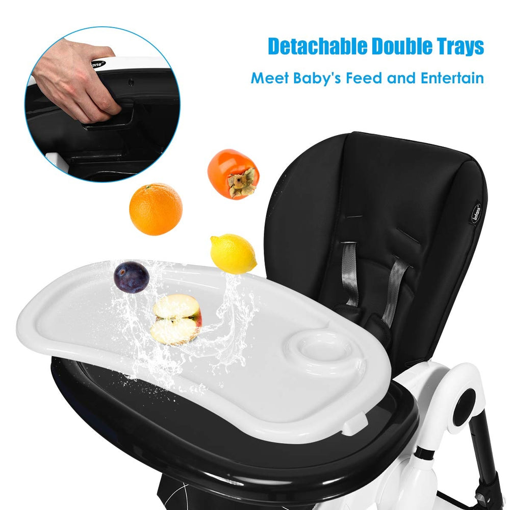 Detachable double trays of the A-Shaped High Chair in black, designed for feeding and entertaining babies safely.