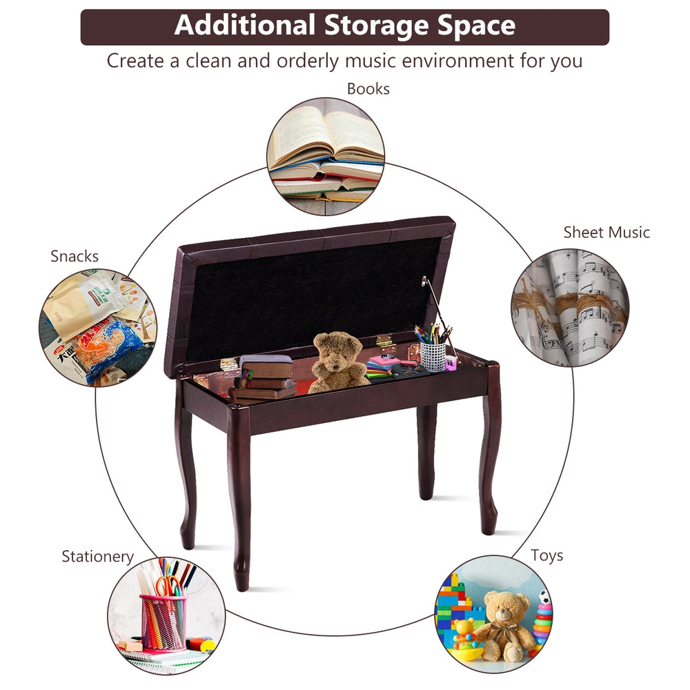 Solid wood piano bench with storage, brown PU leather seat, ideal for sheet music and books, perfect for music practice.