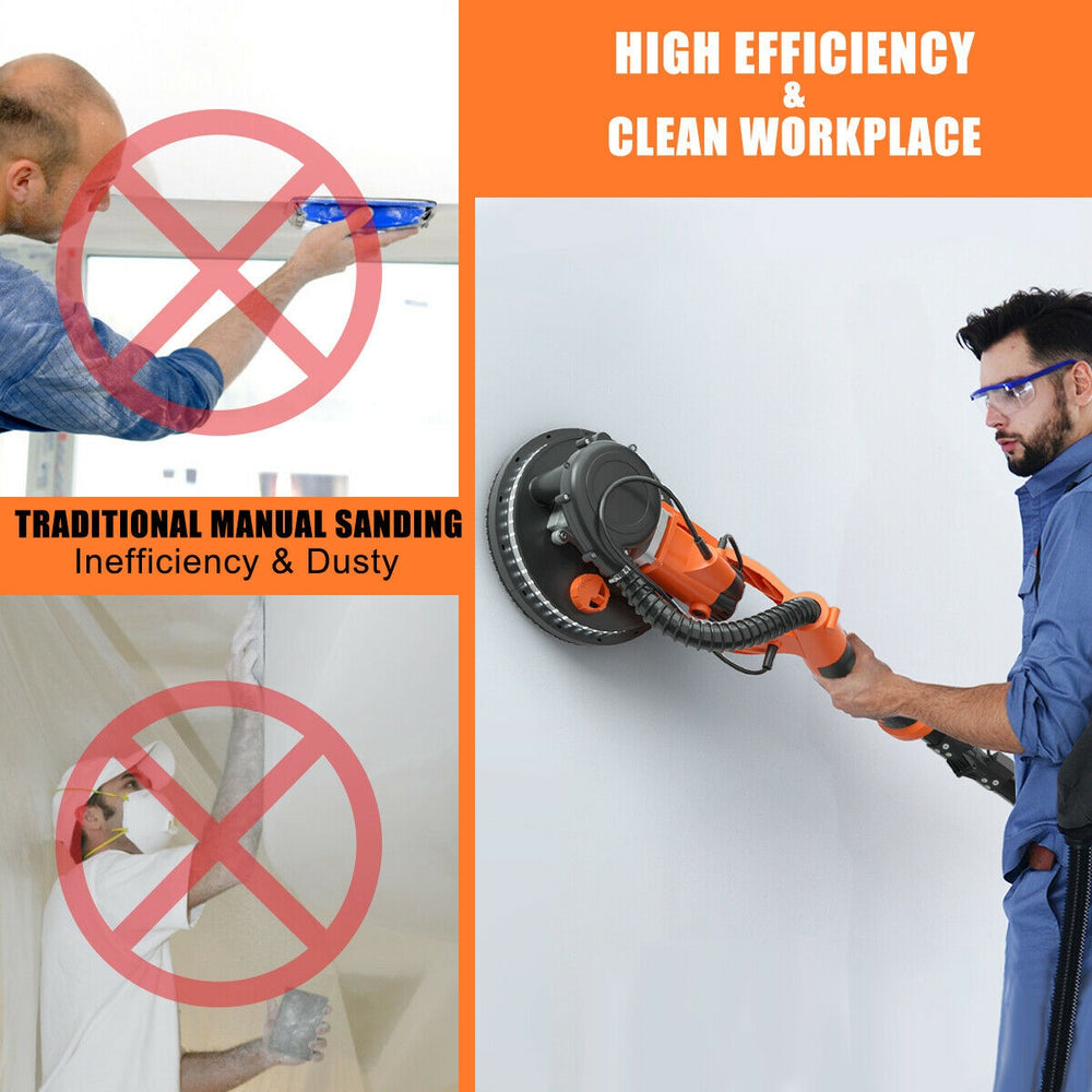 Electric foldable drywall sander with 750W motor, adjustable speeds, and automatic vacuum for a dust-free workspace.