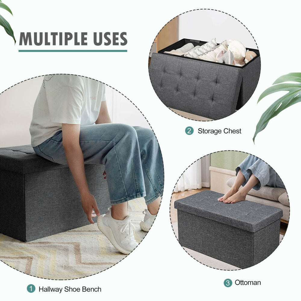 Foldable dark gray storage ottoman with removable bin, ideal for storing clothes and shoes, perfect for living room or.