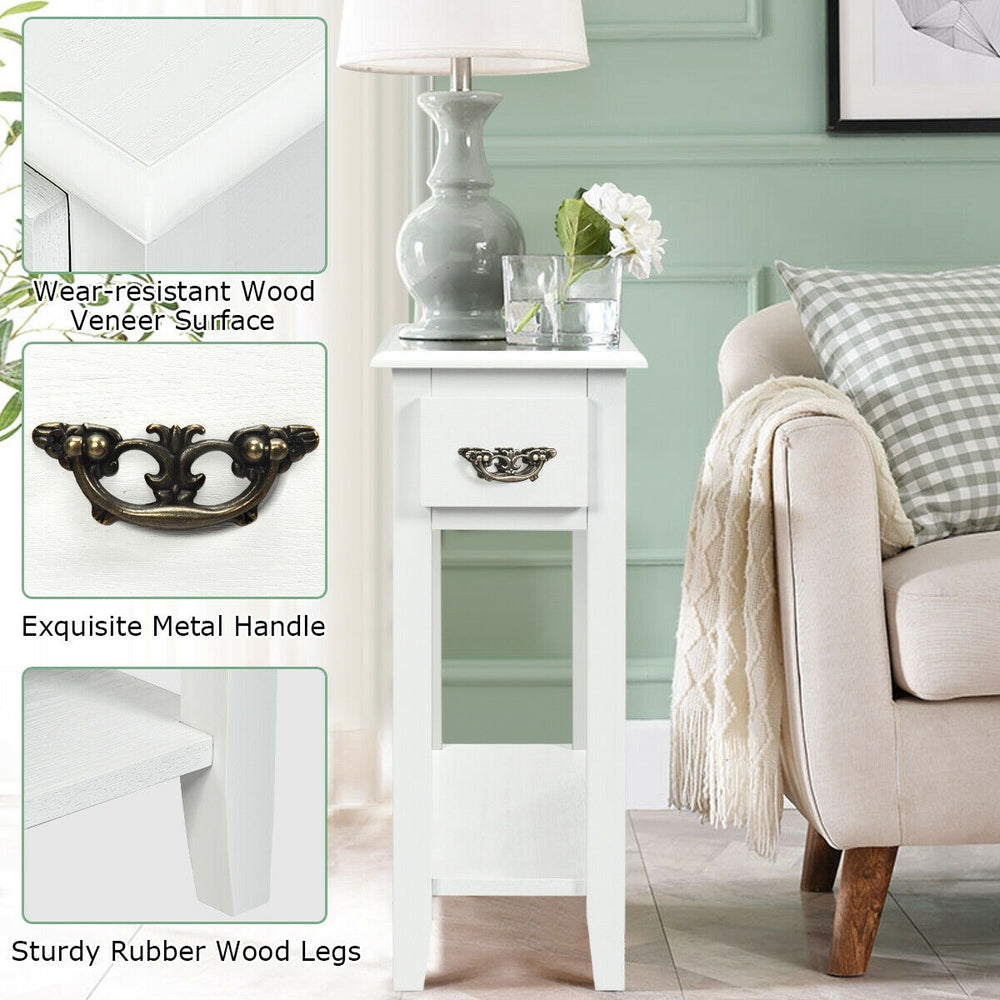 Narrow white 2-tier end table with sturdy rubber wood legs, drawer, and lower shelf for organized storage in small.