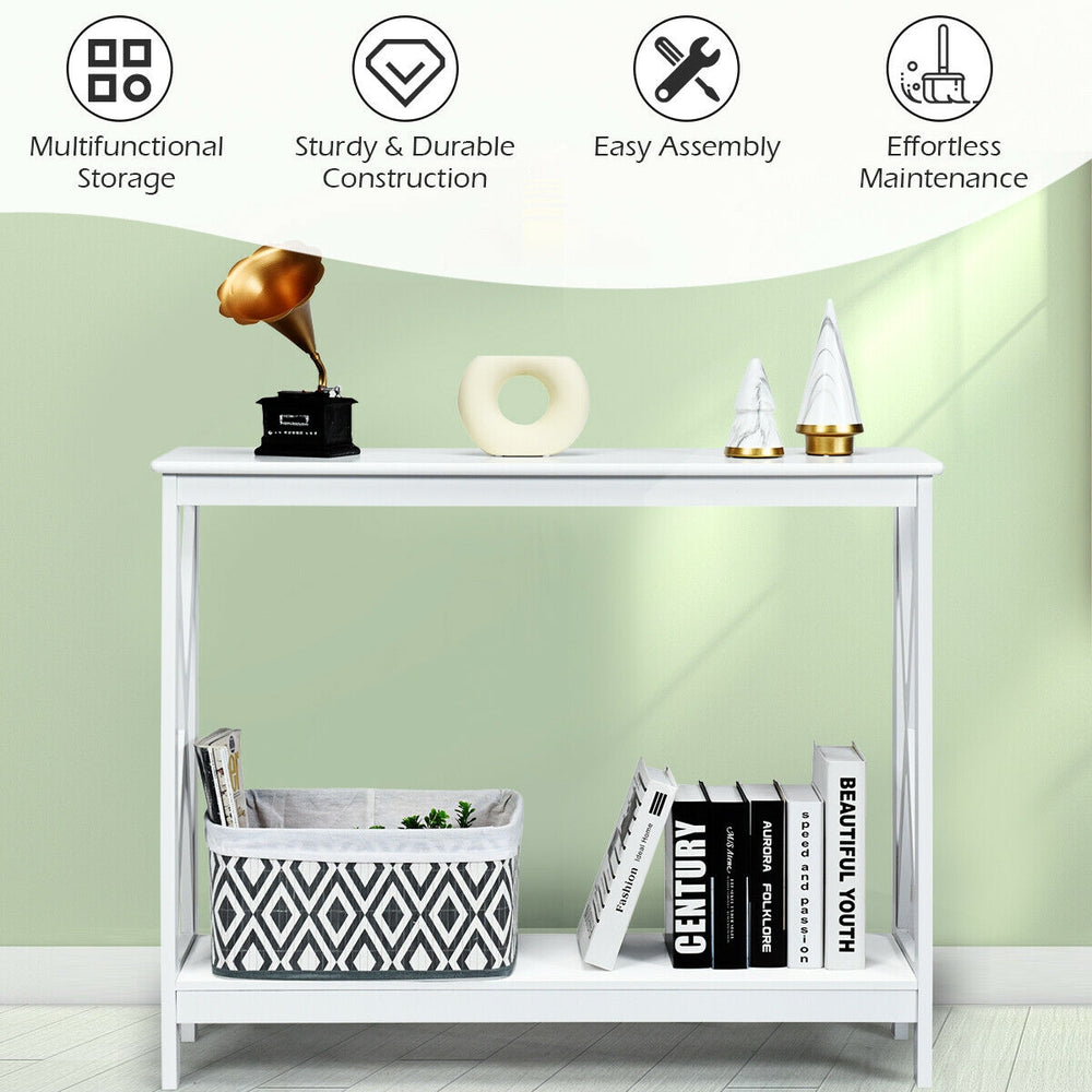 White console table featuring an X-design, made from P2 MDF, with an open shelf for versatile storage in any space.