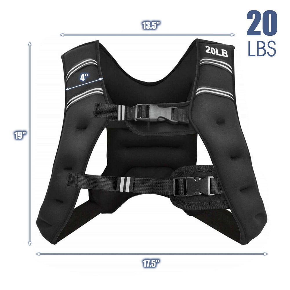 Adjustable 20 lb training weight vest with breathable material, reflective strips, and storage pocket for workouts.