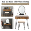 Industrial makeup dressing table in rustic brown with detachable mirror, featuring three lighting modes and spacious.
