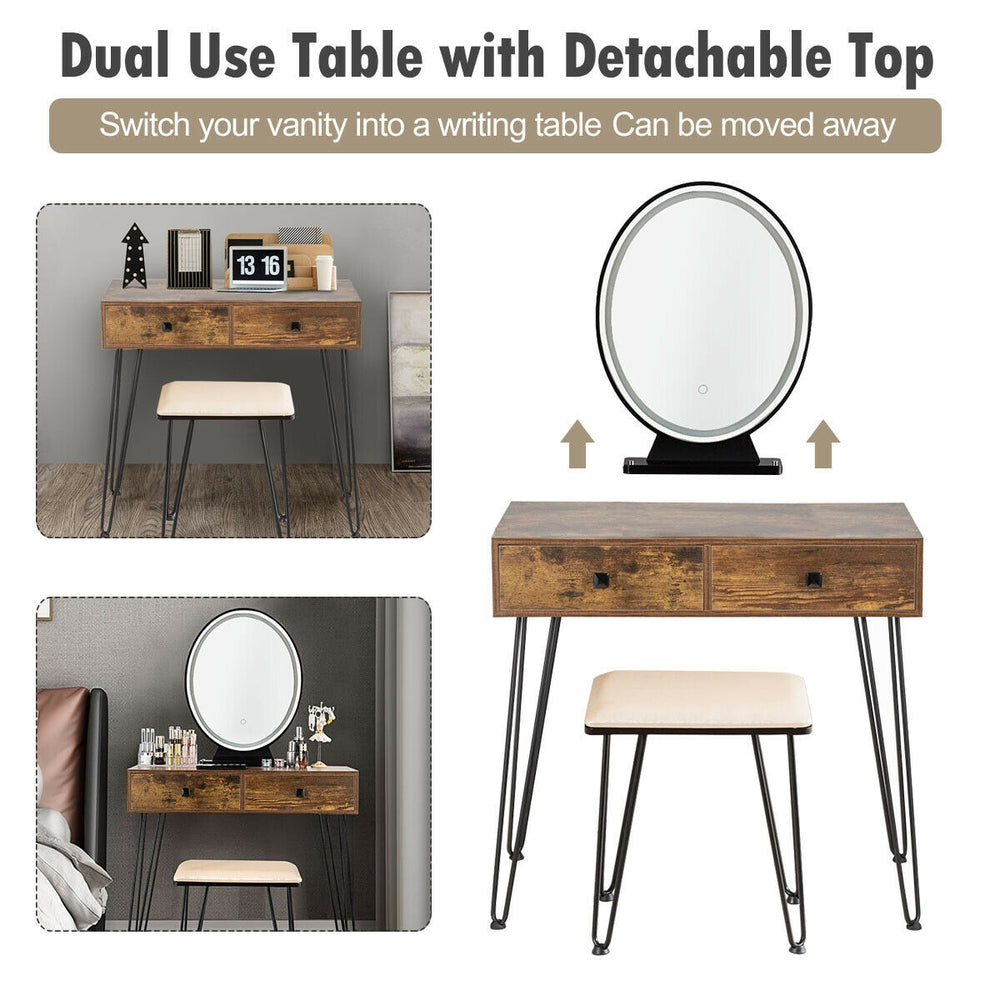 Industrial makeup dressing table in rustic brown with detachable mirror, featuring three lighting modes and spacious.