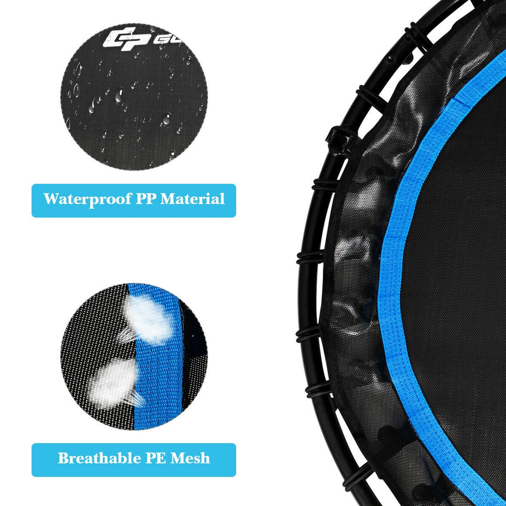 Close-up of the 40" fitness rebounder's waterproof PP material and breathable PE mesh, designed for durability and.