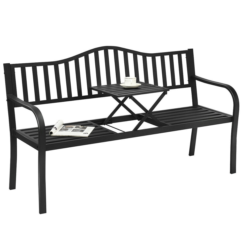 Side view of a patio garden bench featuring a foldable center table, made from durable powder-coated steel for outdoor.