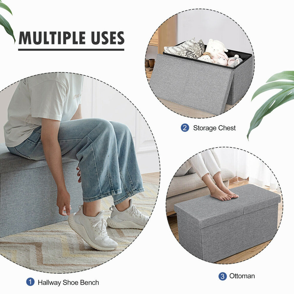 Light gray folding storage ottoman with lift top, sturdy MDF construction, and spacious interior for versatile use.
