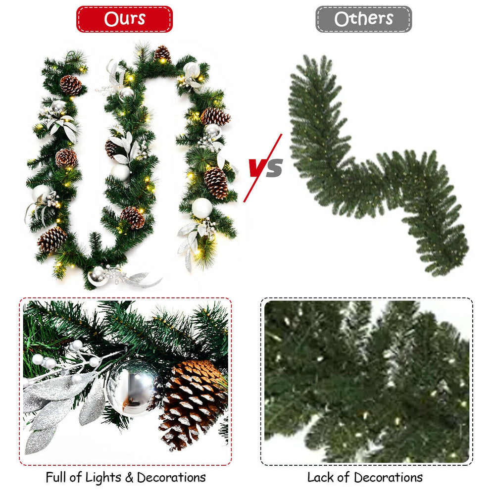 9 feet pre-lit artificial Christmas garland with 50 LED lights, featuring rich ornaments for festive indoor and outdoor.