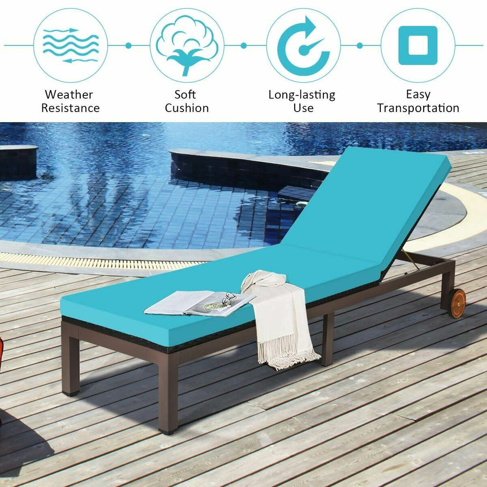 Turquoise patio chaise lounge chair with adjustable backrest, soft cushion, and wheels for easy transportation by the.