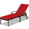 Red cushioned patio rattan lounge chaise recliner with adjustable backrest and sturdy steel frame for outdoor use.