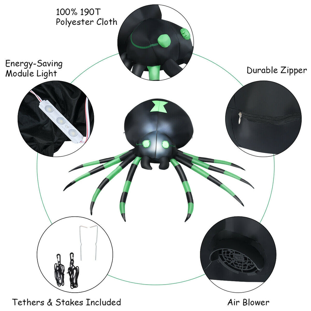 6-foot inflatable Halloween spider made of durable 190T polyester cloth, featuring a waterproof fan and LED lights for.
