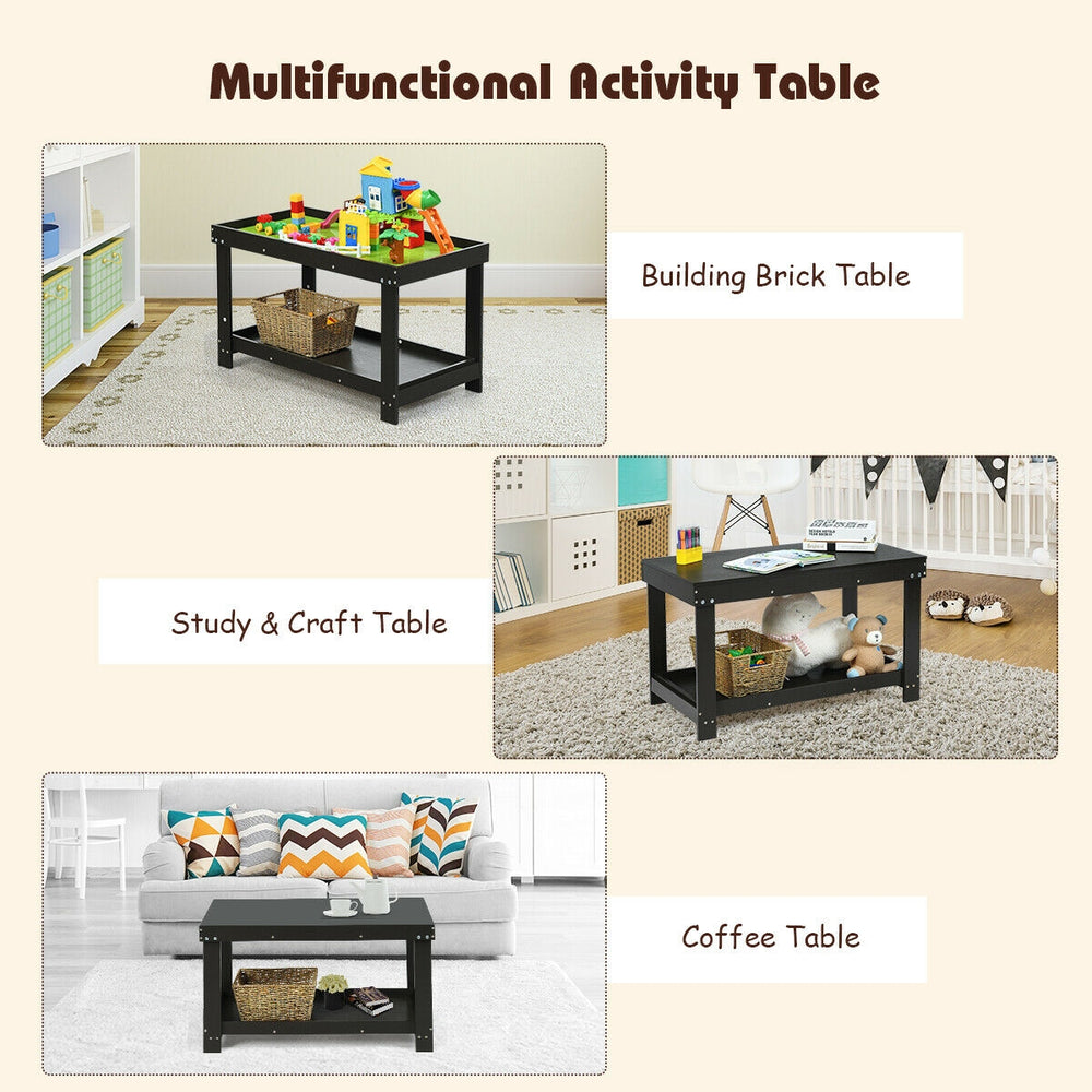 Dark brown multifunctional kids activity table with storage, ideal for learning, drawing, and building blocks.