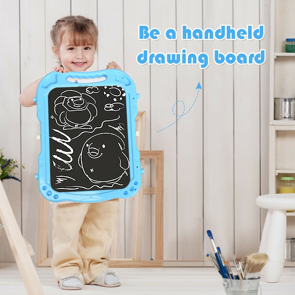 Height adjustable kids art easel in blue with detachable drawing board, ideal for creative fun and safe use.